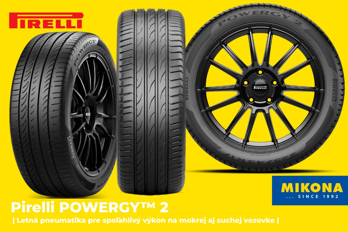 Letná pneumatika Pirelli POWERGY 2 – detail dezénu, bočný pohľad a disk na žltom pozadí, Mikona